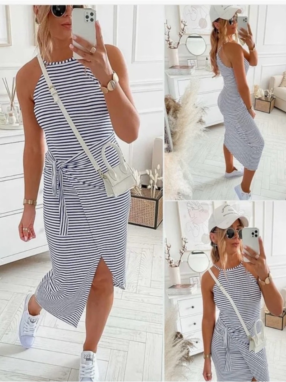 Chic Style Nautical Striped Halter Midi Dress Side Tie Blue/White Sz M - Picture 2 of 8